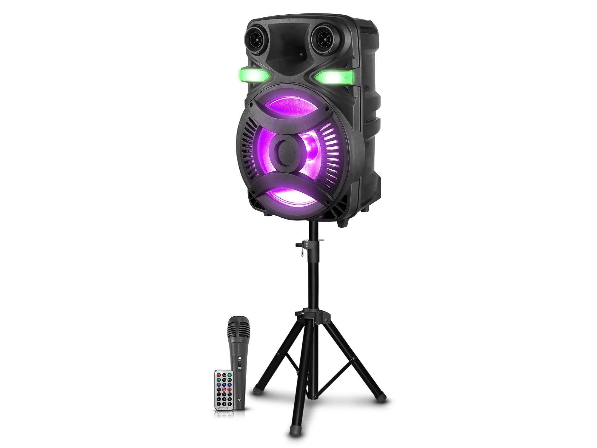 Rechargeable Pair of Wireless 15" Bluetooth LED Speaker Package with Wireless Mic & Party Light