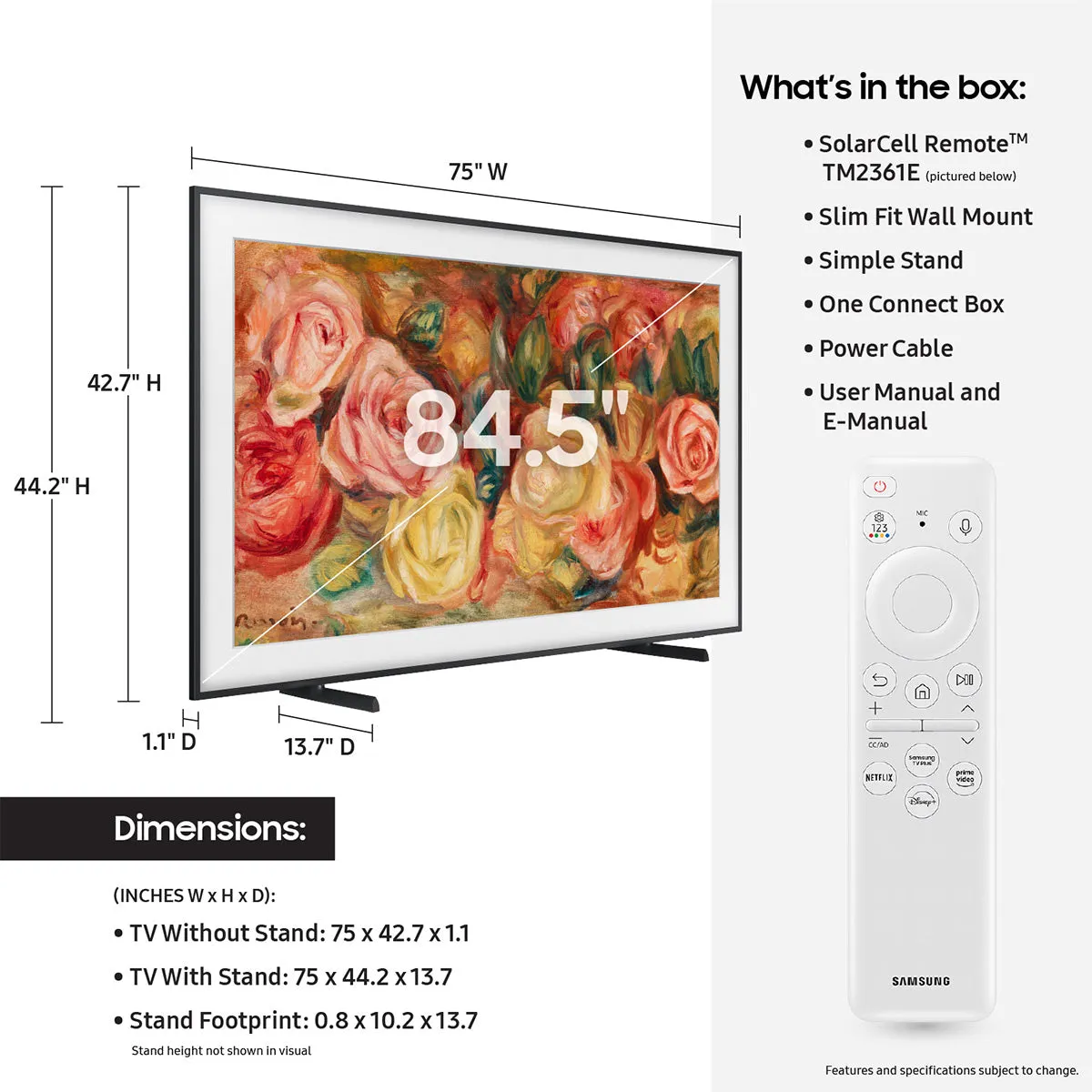 Samsung LS03D 85" The Frame QLED 4K HDR Smart TV with Slim-Fit Wall Mount (2024) and HW-LS60D Music Frame Bluetooth Speaker with Wall Mount
