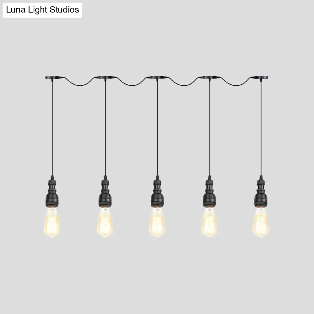 Vintage Iron Restaurant Pendant Lamp - Exposed Bulb - Black Finish - 5/7 Lights - Tandem Multi-Hanging Light Fixture
