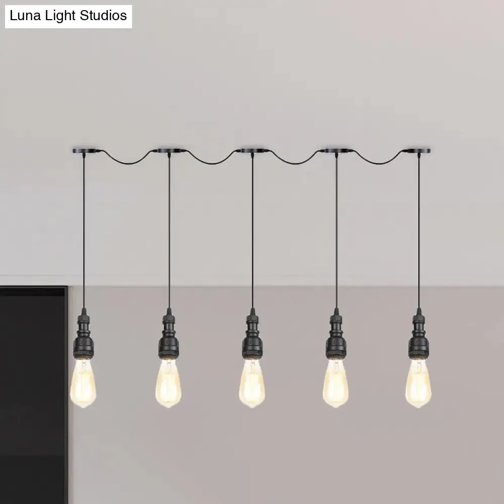 Vintage Iron Restaurant Pendant Lamp - Exposed Bulb - Black Finish - 5/7 Lights - Tandem Multi-Hanging Light Fixture