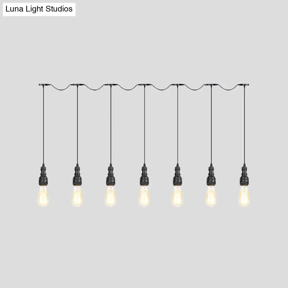 Vintage Iron Restaurant Pendant Lamp - Exposed Bulb - Black Finish - 5/7 Lights - Tandem Multi-Hanging Light Fixture