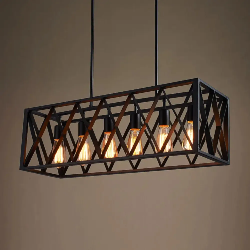 Wrought Iron Black Rectangular Hanging Light Fixture - Industrial Style for Bar Island Lighting