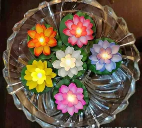 ZUGAD Waterproof Yellow Flickering Water Sensor Lotus LED Floating Candle Petals Flameless Ambient Candle Battery Operated Artificial Floating Lotus Candle Glass Bowl (Multicolor)
