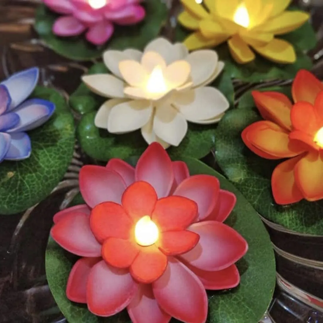 ZUGAD Waterproof Yellow Flickering Water Sensor Lotus LED Floating Candle Petals Flameless Ambient Candle Battery Operated Artificial Floating Lotus Candle Glass Bowl (Multicolor)