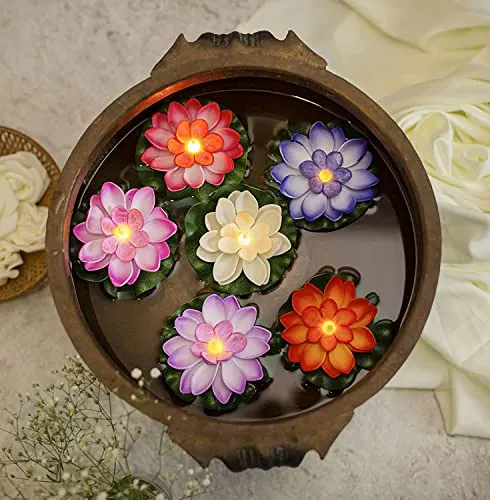 Zusaca Water Sensor Lotus LED Floating Candle Waterproof Yellow Flickering Petals Flameless Ambient Candle Battery Operated Artificial Floating Lotus Candle Glass Bowl (Multicolor)