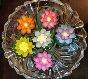 Zusaca Water Sensor Lotus LED Floating Candle Waterproof Yellow Flickering Petals Flameless Ambient Candle Battery Operated Artificial Floating Lotus Candle Glass Bowl (Multicolor)